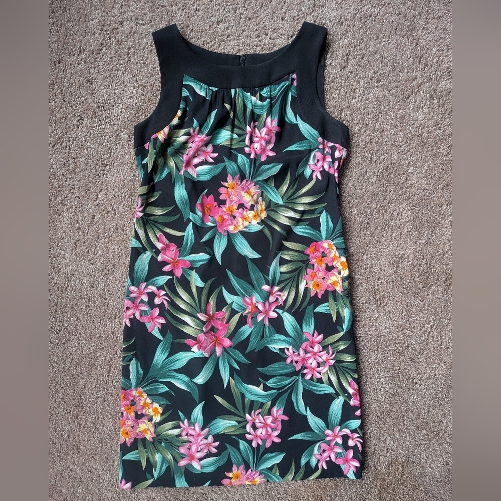 AB Studio Tropical Plumeria Floral Black Sheath Dress Size 8